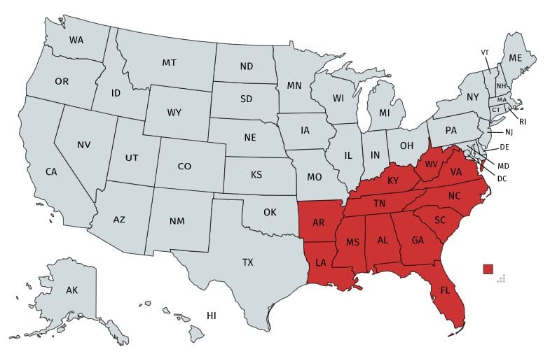Map of the United States with the Southeast region colored in red and other states colored gray
